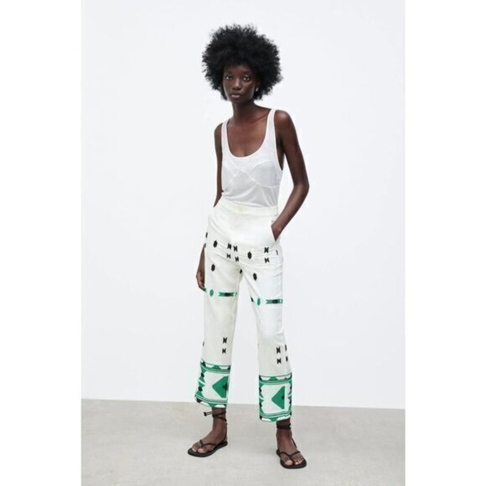 ZARA NWT Embroidered Linen Blend White Palazzo Pants SMALL